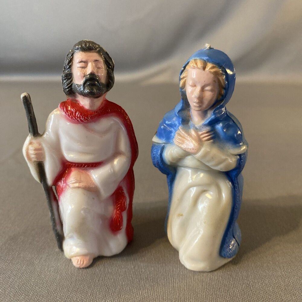 Vintage Christmas Nativity Mary Joseph Hard Plastic 3" Tall Figures